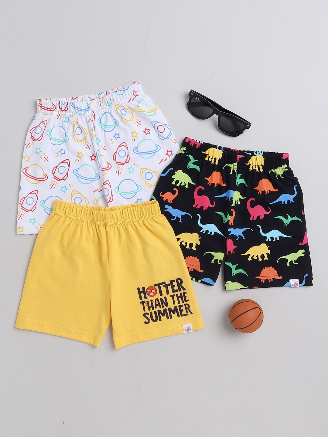 

BUMZEE Boys Pack Of 3 Graphic Printed Mid Rise Knitted Cotton Shorts, White