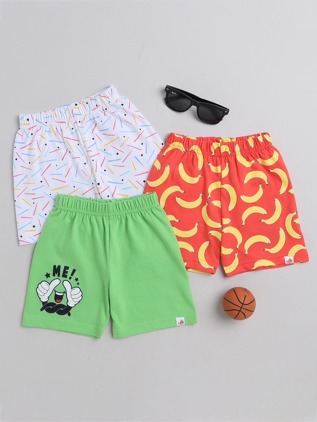 

BUMZEE Boys Pack Of 3 Conversational Printed Mid Rise Knitted Cotton Shorts, White