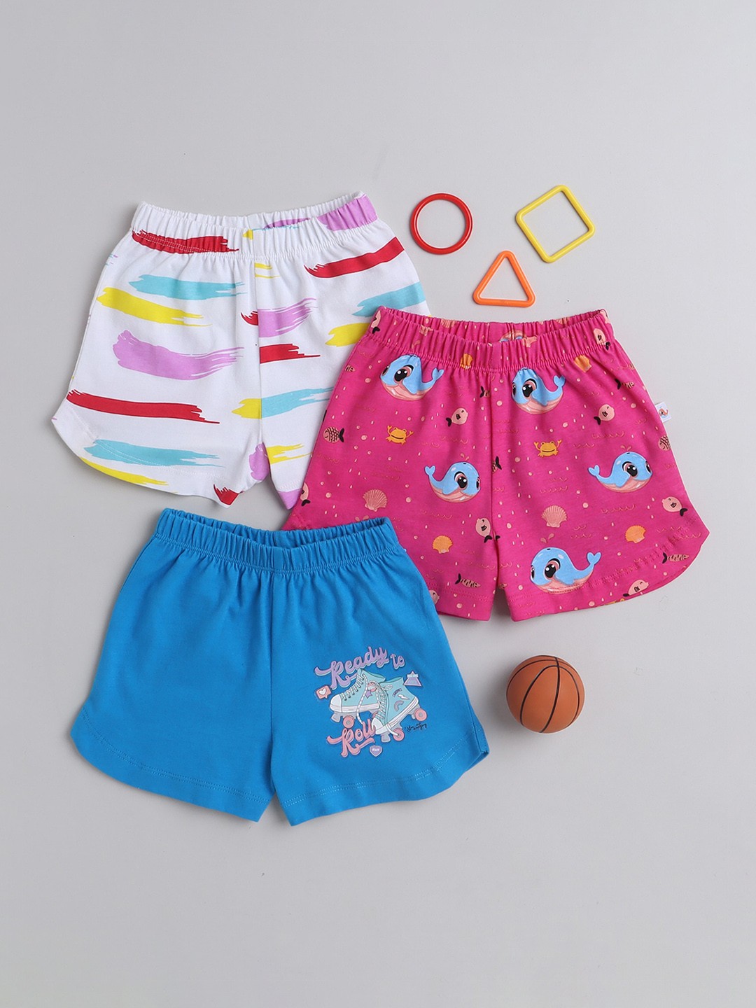

BUMZEE Infant Pack Of 3 Graphic Printed Mid Rise Knitted Cotton Shorts, Pink