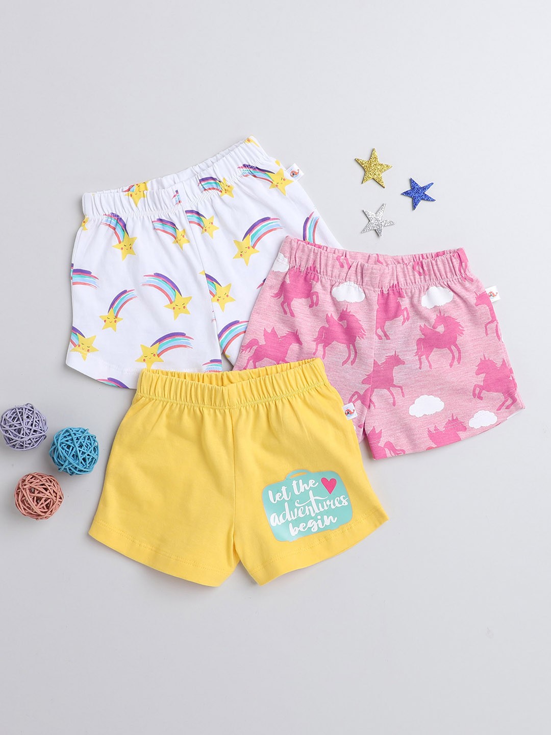 

BUMZEE Girls Pack Of 3 Graphic Printed Mid Rise Knitted Cotton Shorts, Pink