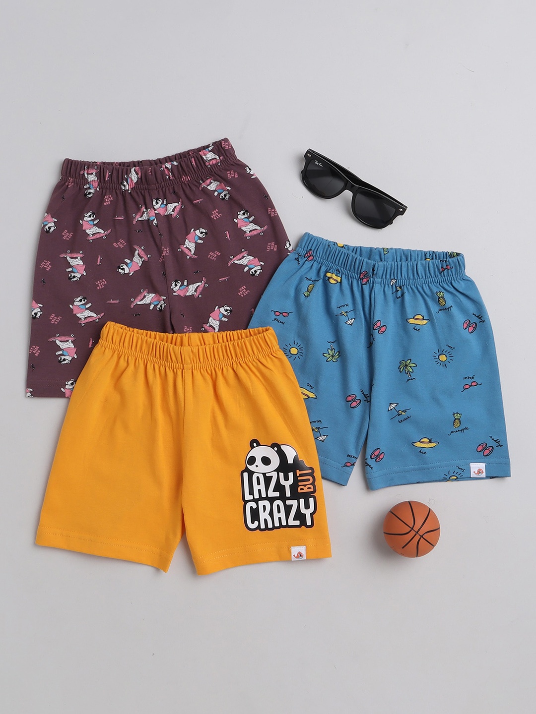 

BUMZEE Infant Pack Of 3 Graphic Printed Mid Rise Knitted Cotton Shorts, Blue