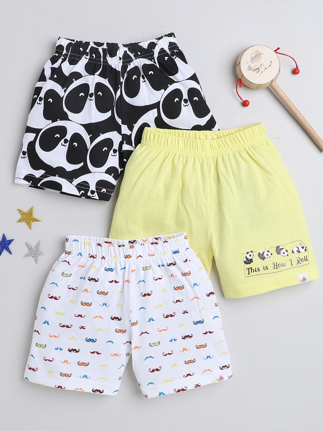 

BUMZEE Boys Pack Of 3 Printed Mid-Rise Cotton Shorts, Black