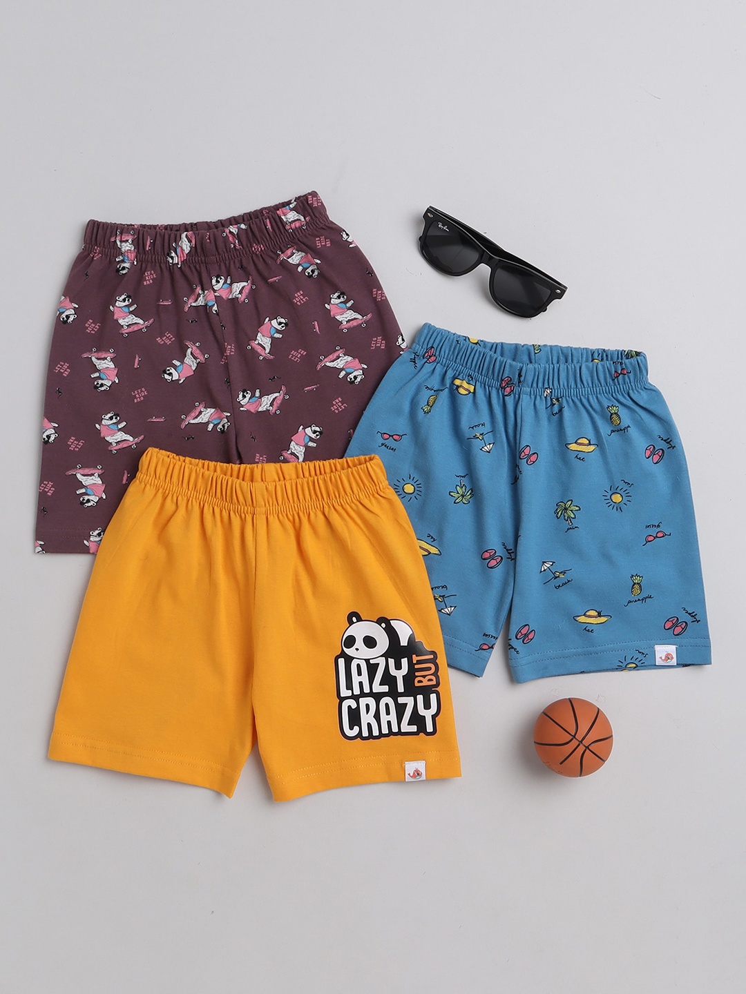 

BUMZEE Boys Pack Of 3 Printed Mid-Rise Cotton Shorts, Blue