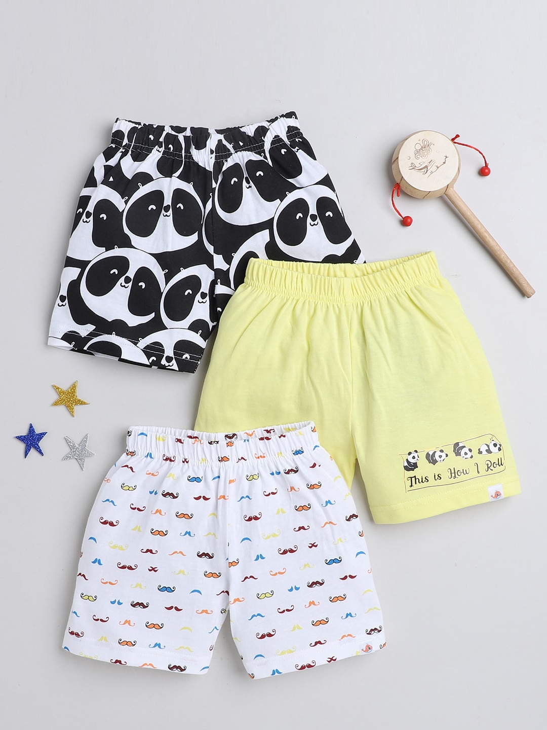 

BUMZEE Infant Pack Of 3 Printed Mid-Rise Cotton Shorts, Black