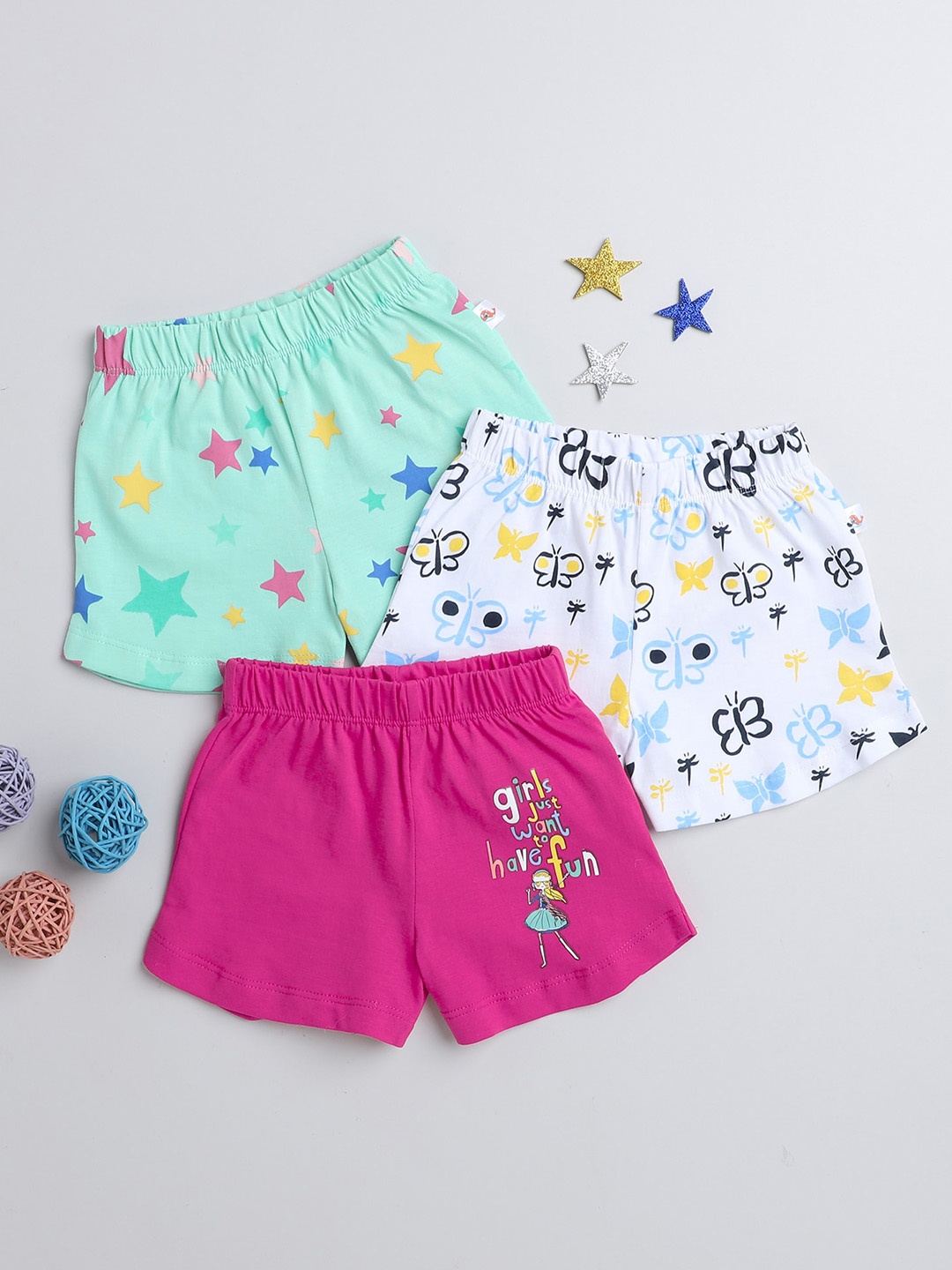 

BUMZEE Girls Pack Of 3 Printed Mid-Rise Cotton Shorts, Green