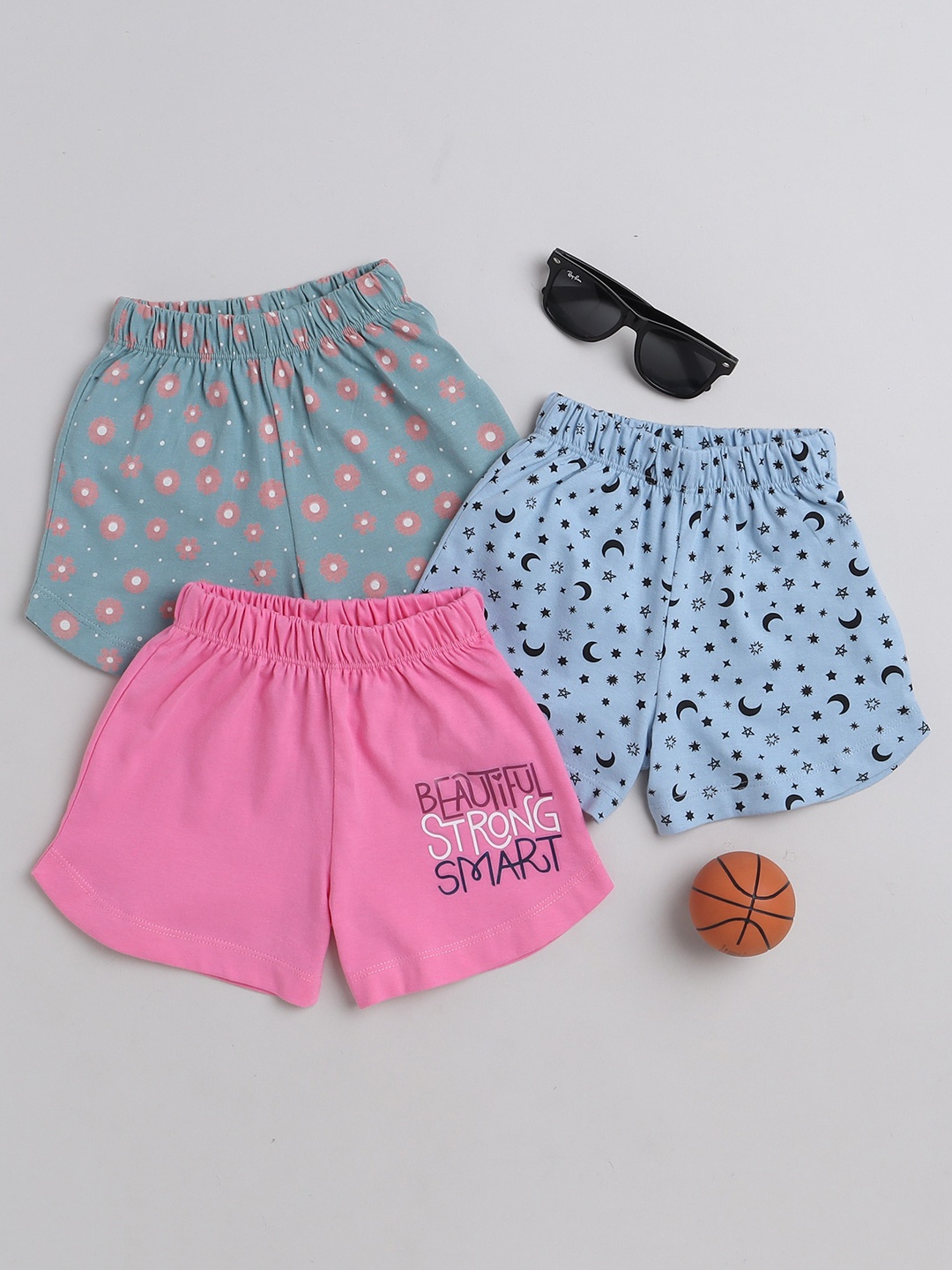 

BUMZEE Girls Pack Of 3 Printed Mid-Rise Cotton Shorts, Blue
