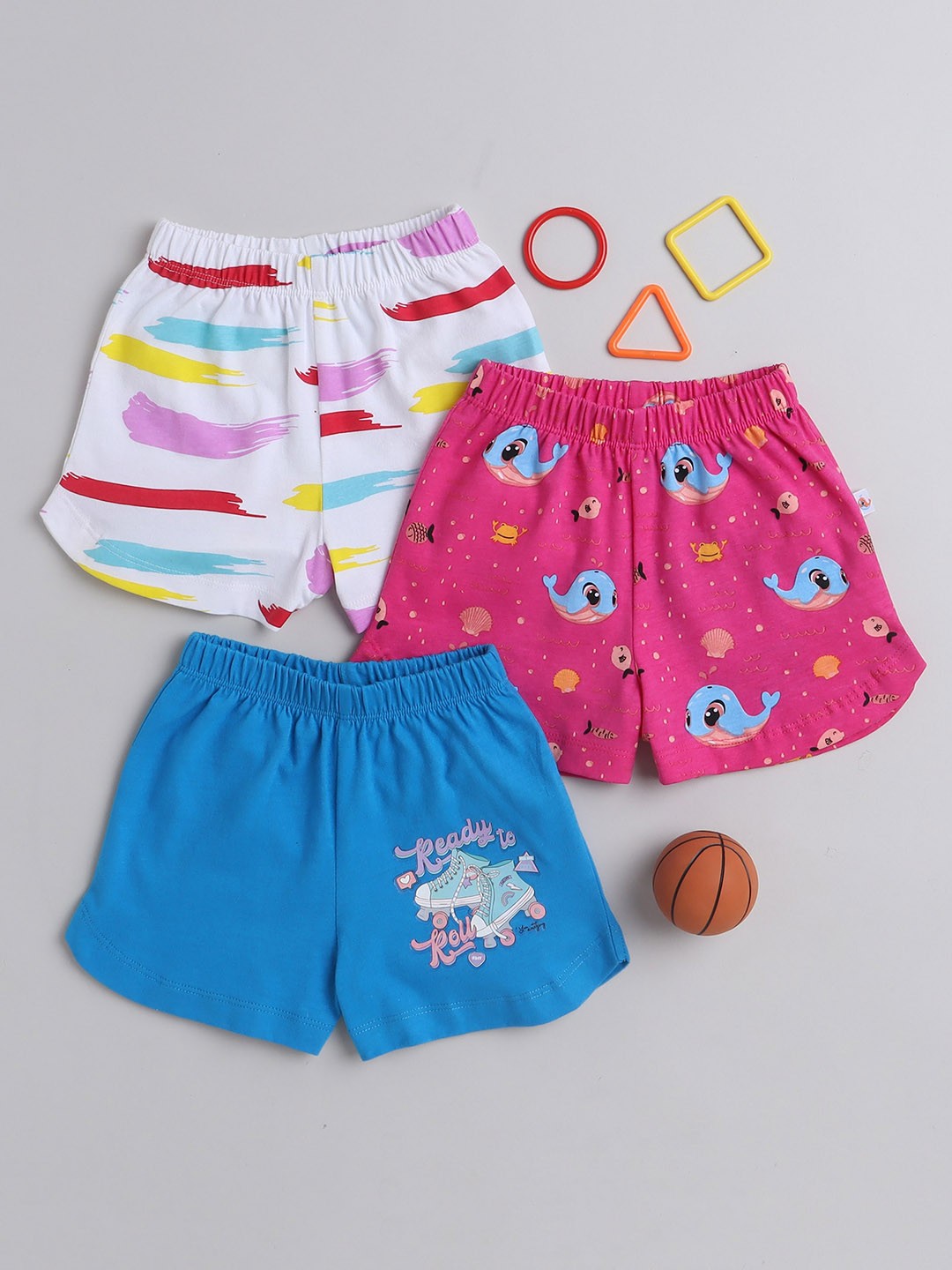 

BUMZEE Boys Girls Of 3 Printed Mid-Rise Cotton Shorts, Pink
