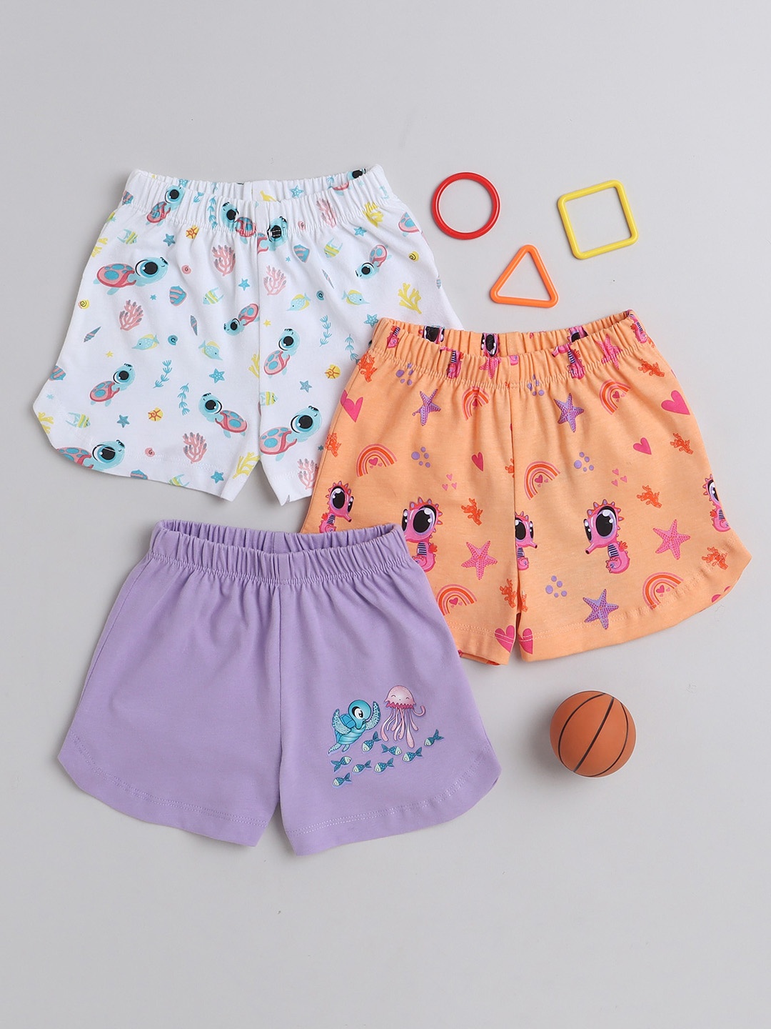 BUMZEE Girls Pack Of 3 Printed Mid-Rise Cotton Shorts, Orange