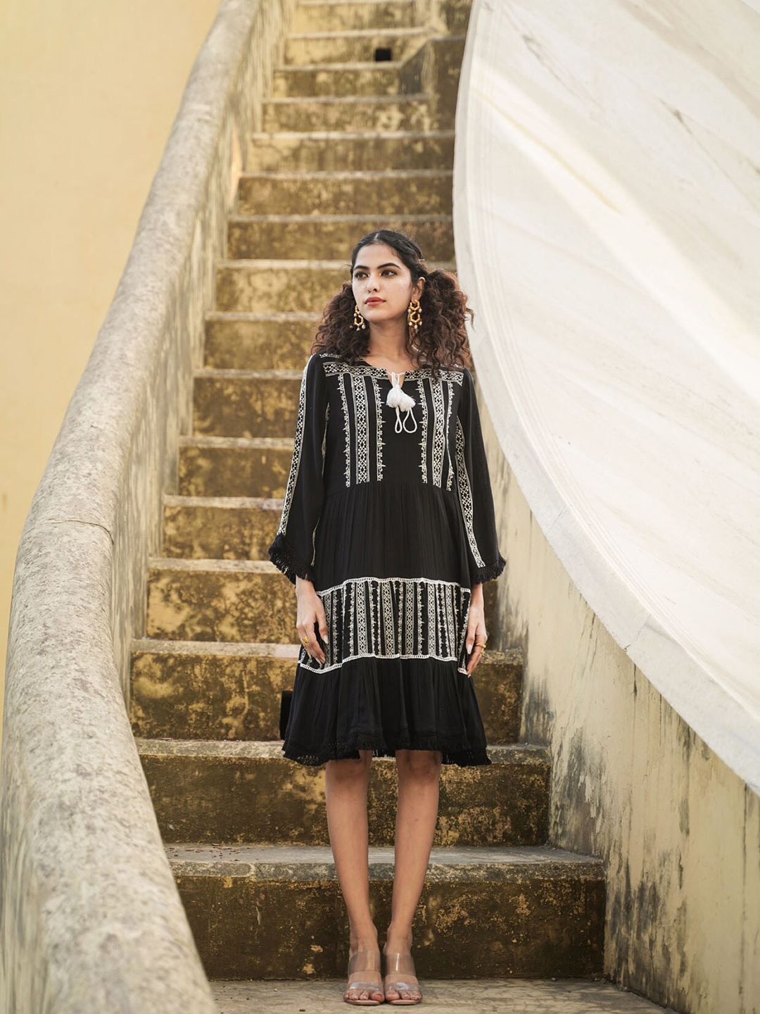 

FASHION DWAR Tie-Up Neck Embroidered Fit and Flare Dress, Black