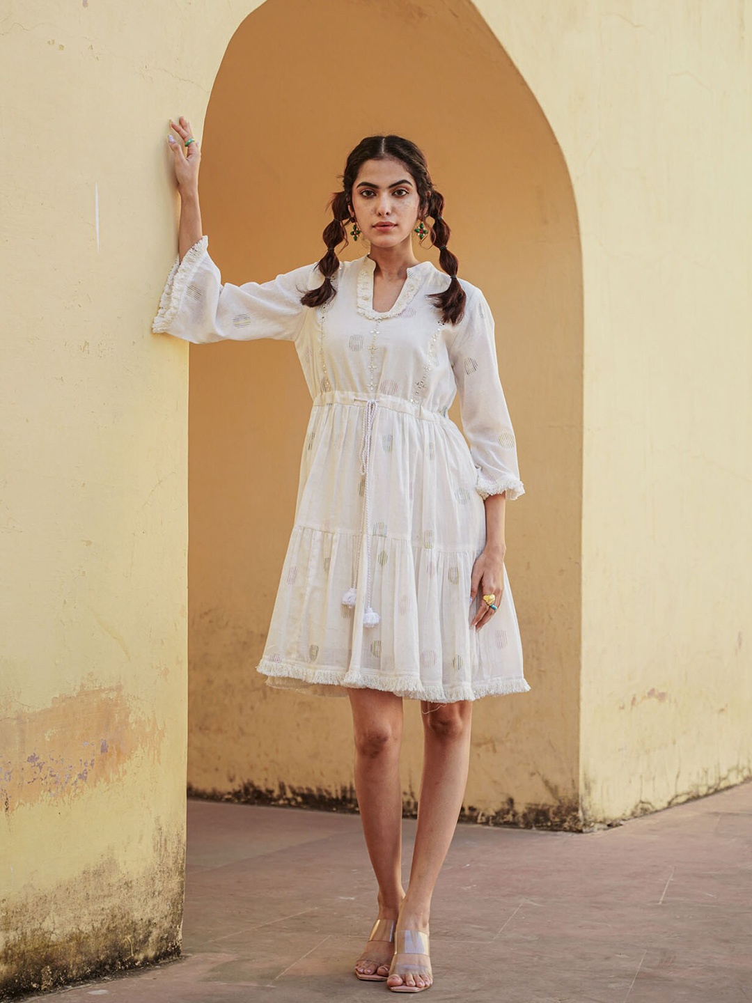 

FASHION DWAR Mandarin Collar Embellished Fit and Flare Dress, White