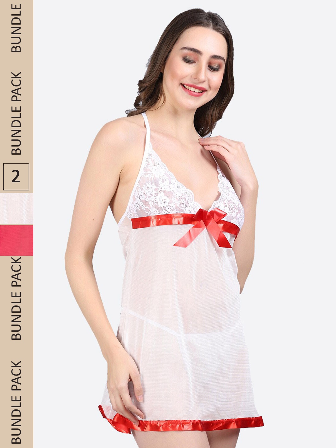 

Fleurt Pack Of 2 Self Design Halter Neck Baby Doll With Briefs, Red