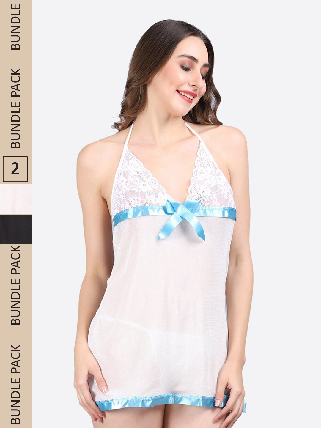 

Fleurt Pack Of 2 Halter Neck Baby Doll With Briefs, White