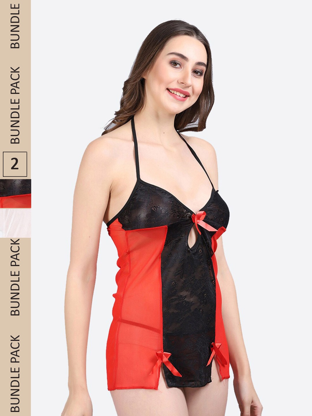 

Fleurt Pack Of 2 Halter Neck Baby Doll, Red