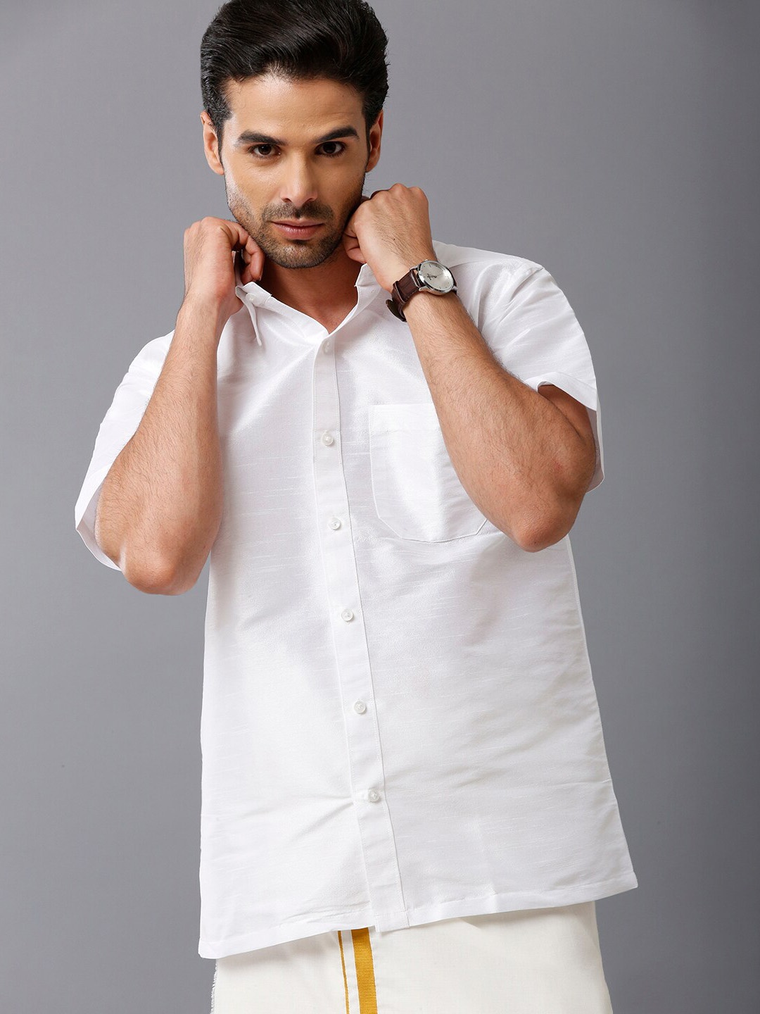 

Khoday Williams Spread Collar Classic Opaque Formal Poly Silk Shirt, White