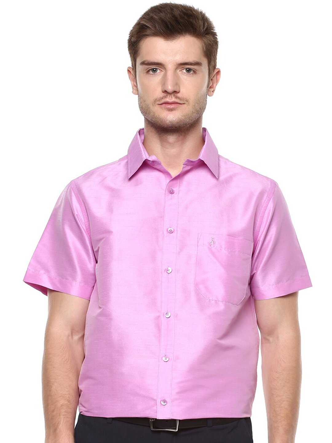 

Khoday Williams Spread Collar Classic Opaque Formal Poly Silk Shirt, Pink