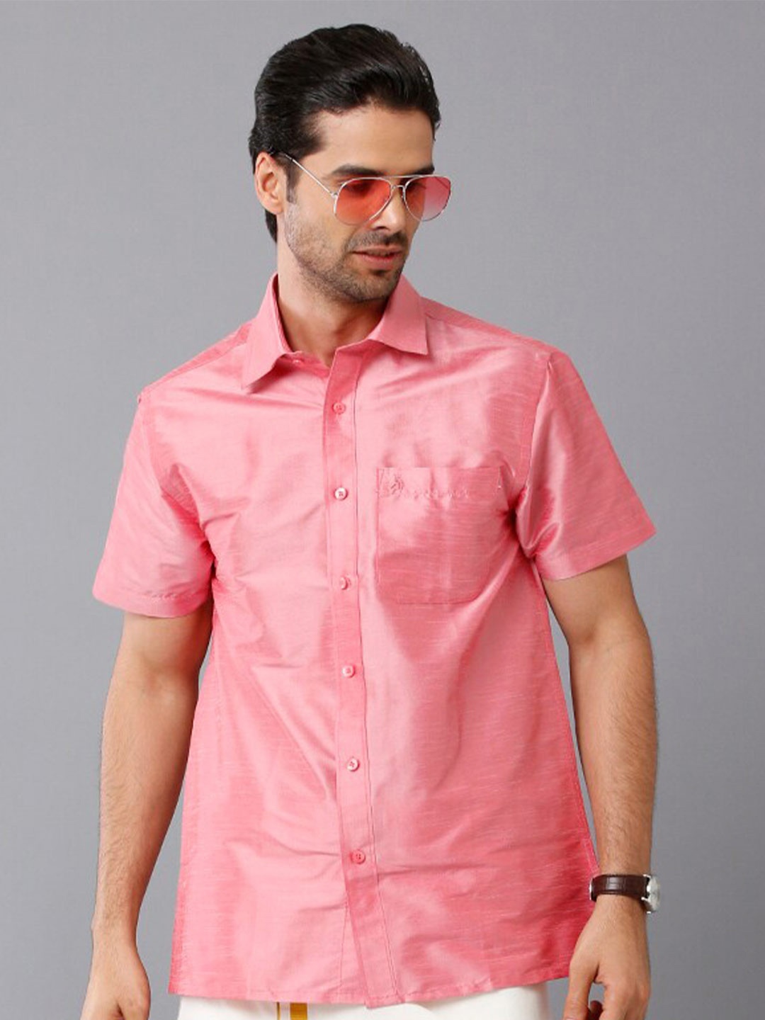 

Khoday Williams Spread Collar Classic Opaque Formal Poly Silk Shirt, Pink