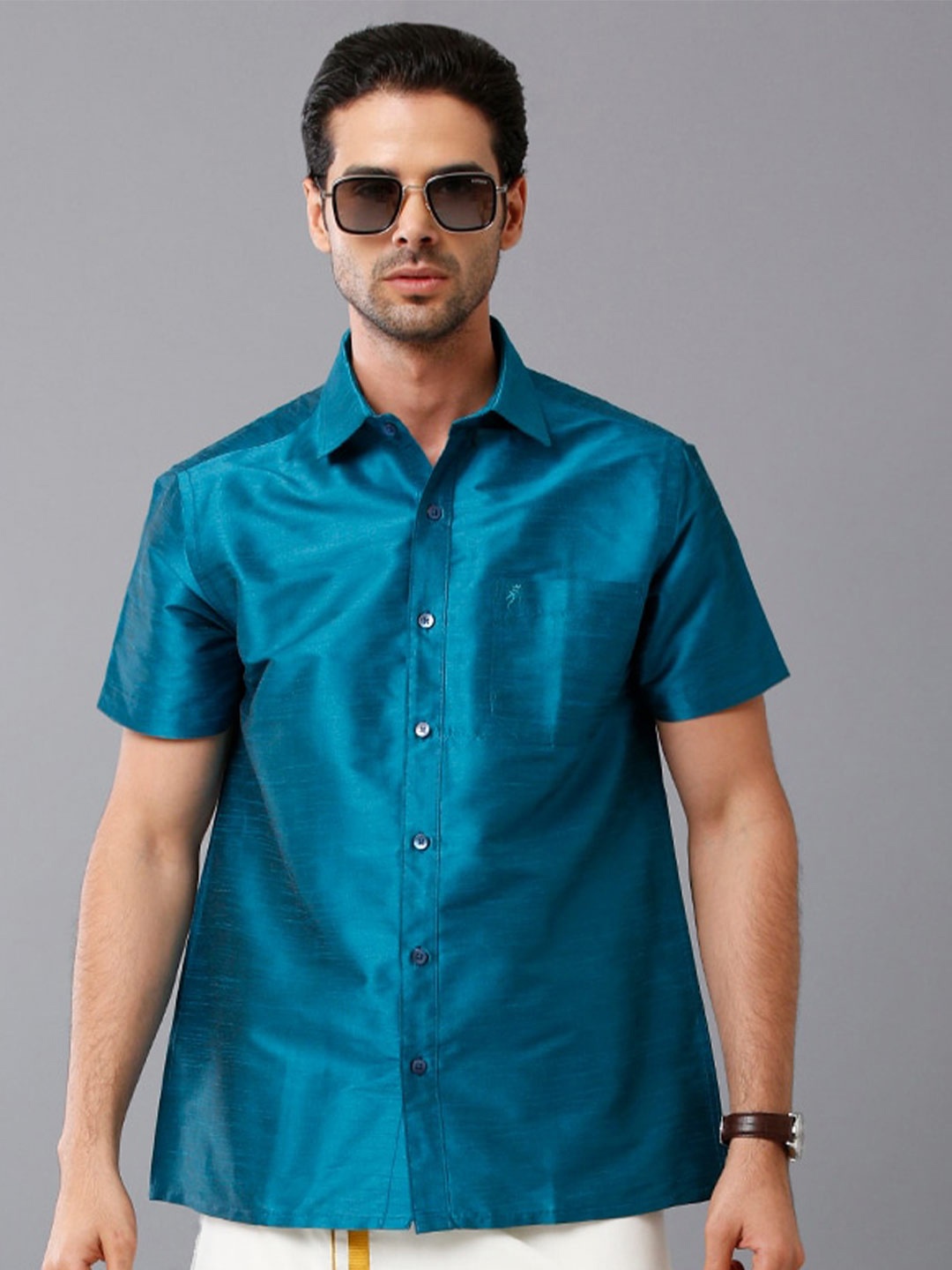 

Khoday Williams Spread Collar Classic Opaque Formal Poly Silk Shirt, Teal