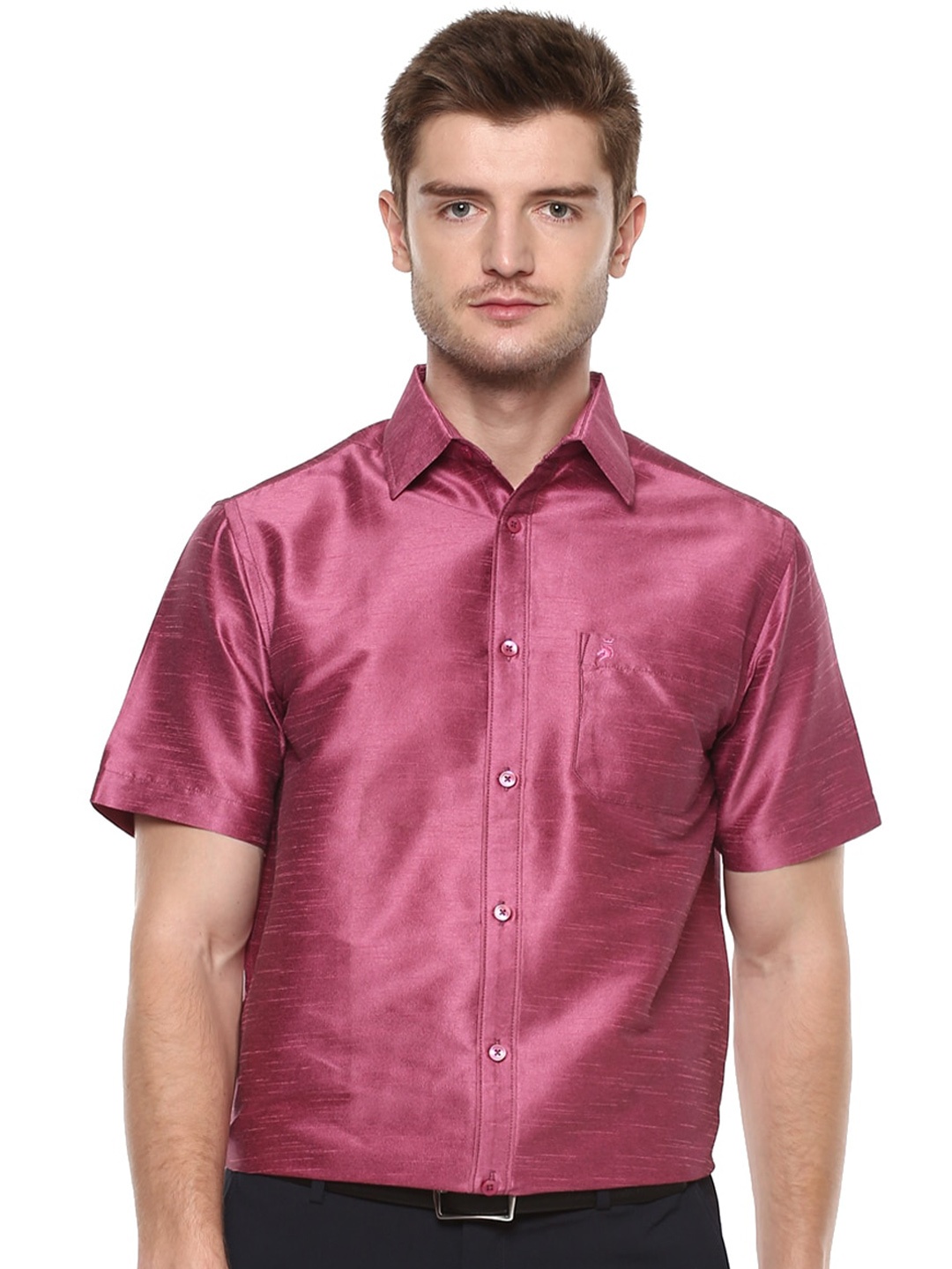 

Khoday Williams Spread Collar Classic Opaque Formal Poly Silk Shirt, Pink