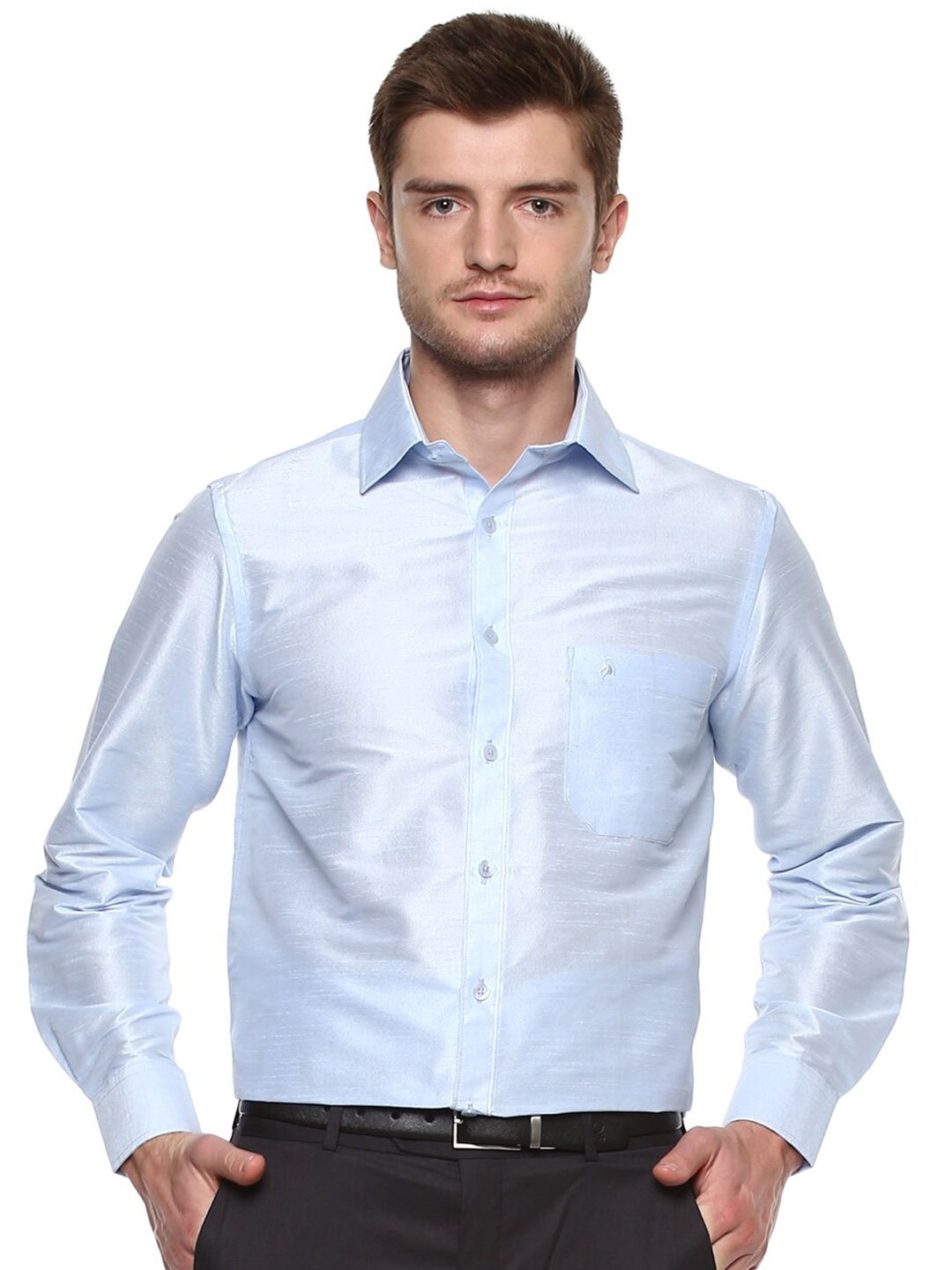 

Khoday Williams Spread Collar Classic Opaque Formal Poly Silk Shirt, Blue