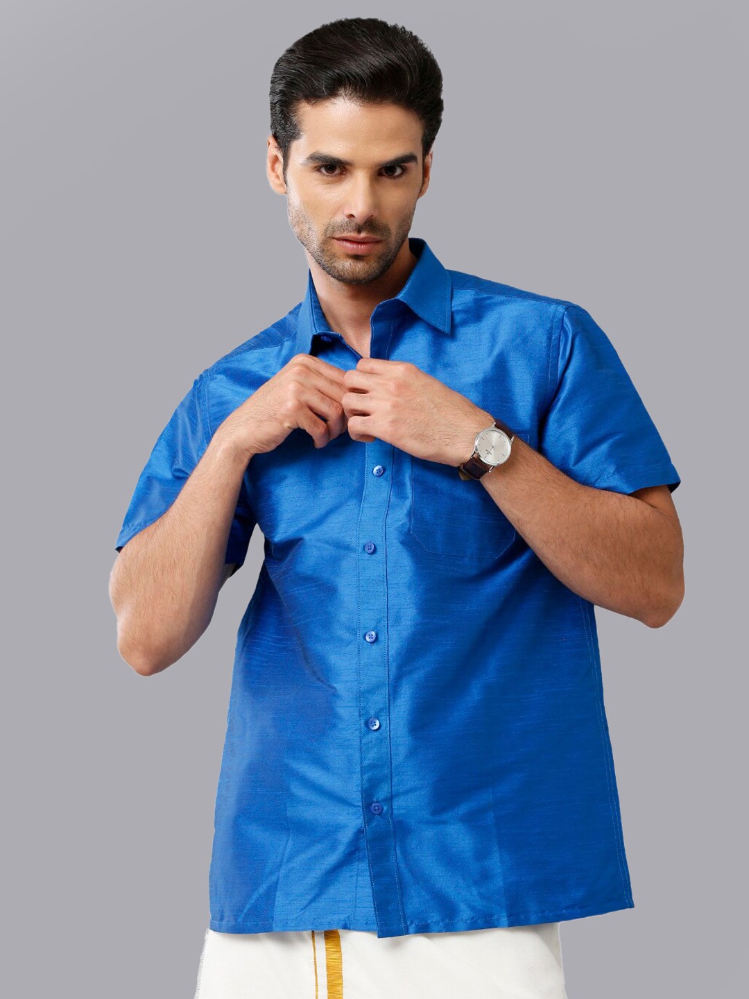 

Khoday Williams Spread Collar Classic Opaque Formal Poly Silk Shirt, Blue