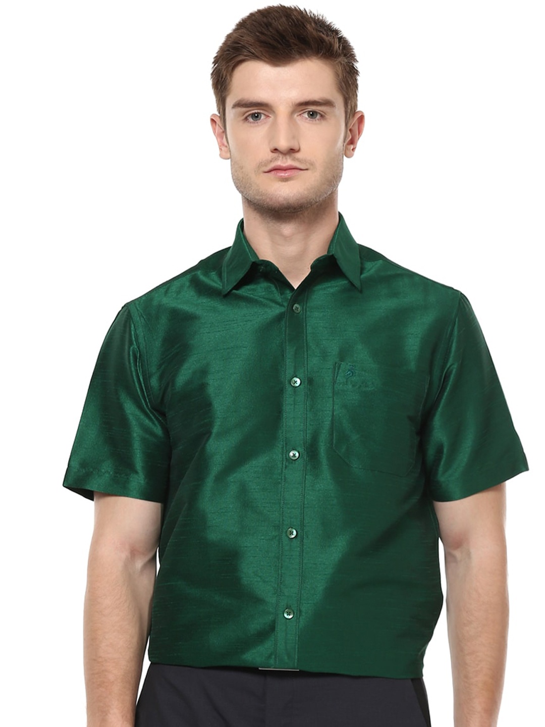 

Khoday Williams Spread Collar Classic Opaque Formal Poly Silk Shirt, Green