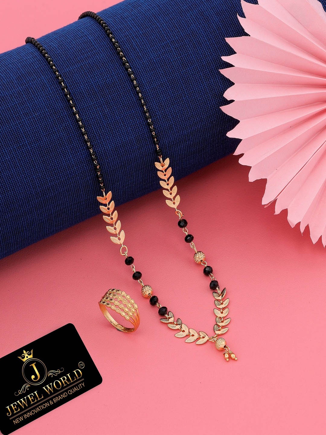 

JEWEL WORLD Gold-Plated Beaded Mangalsutra With Finger Ring