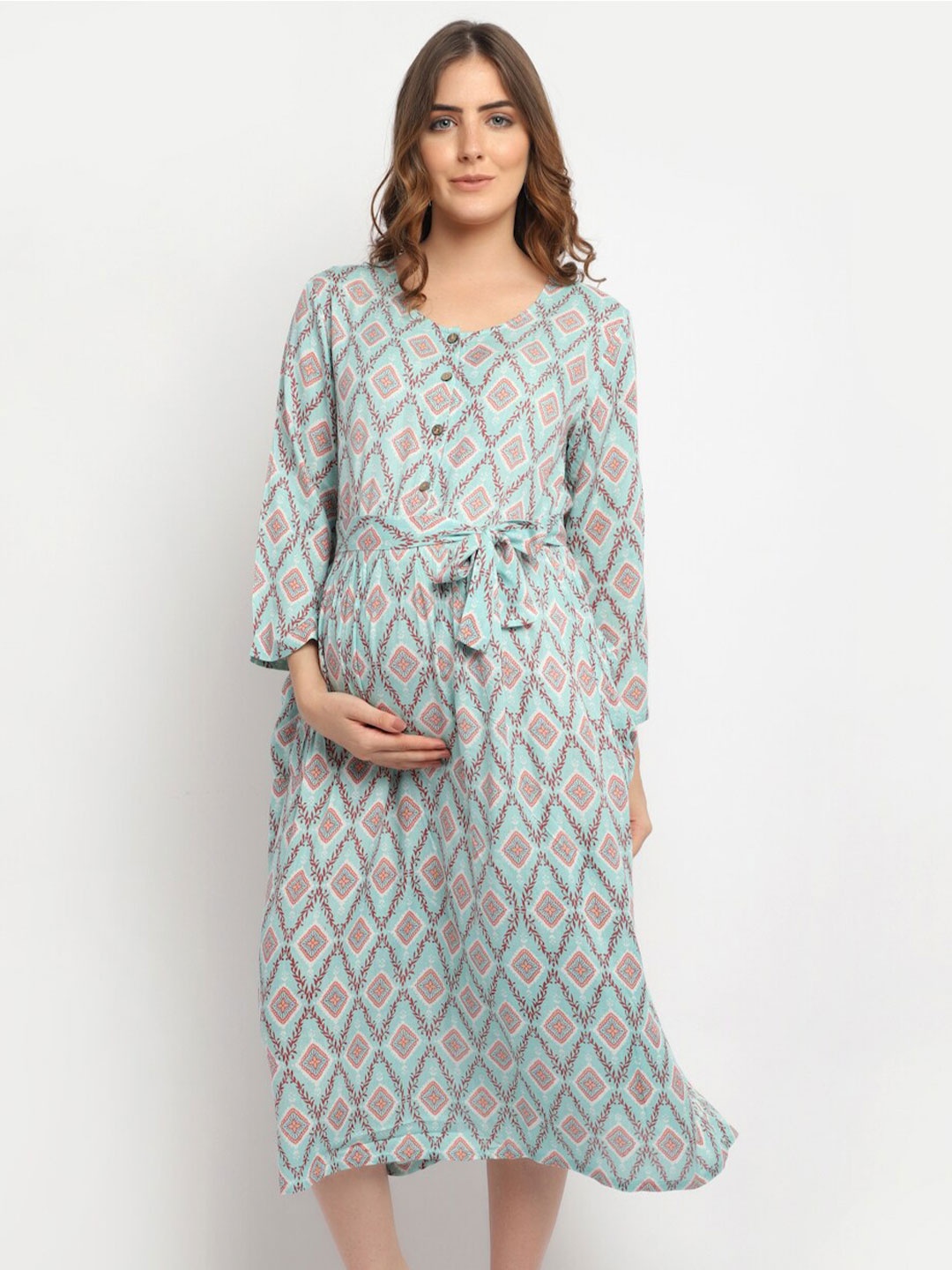 

Moms Maternity Floral Printed Puff Sleeve Maternity Fit & Flare Midi Dress With Belt, Green