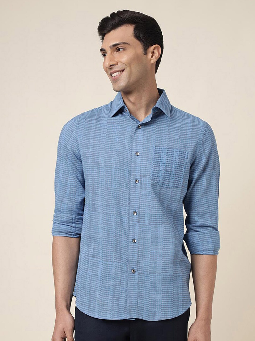 

Fabindia Slim Fit Geometric Printed Casual Cotton Shirt, Blue