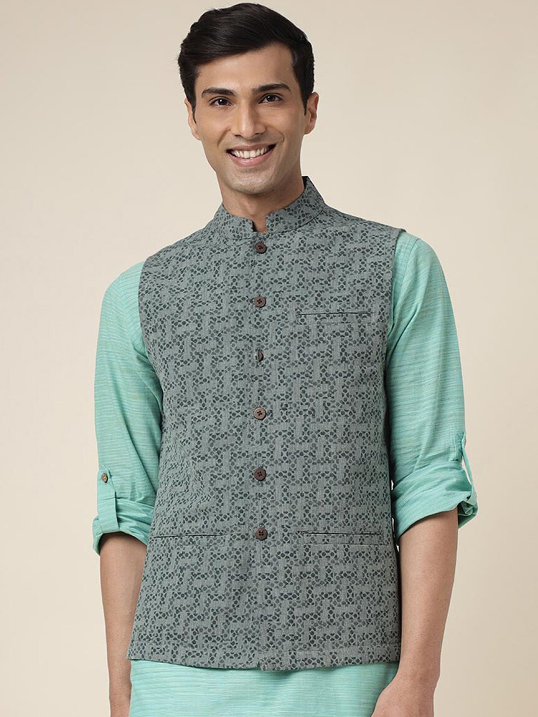 

Fabindia Printed Pure Cotton Nehru Jackets, Green