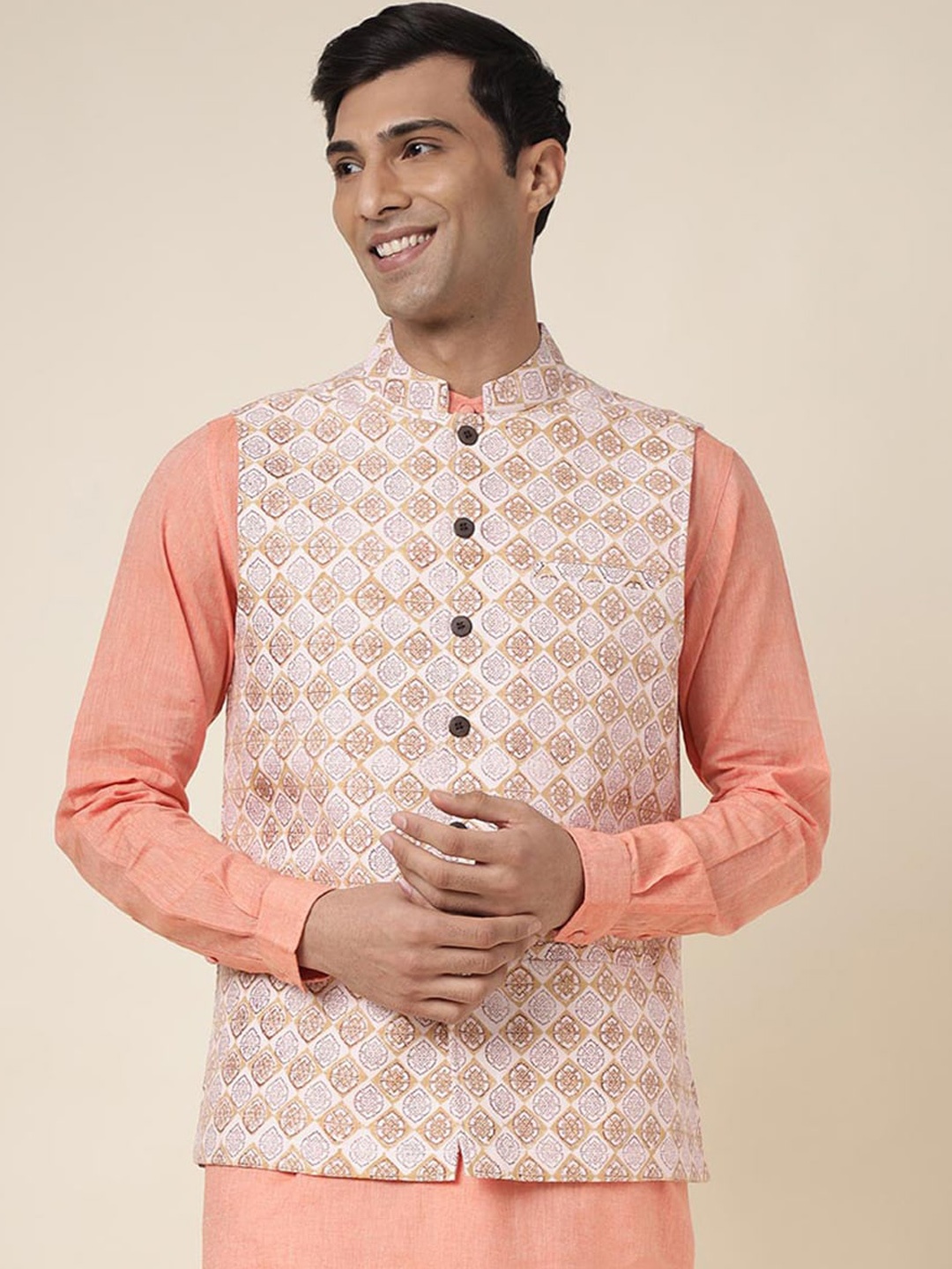 

Fabindia Printed Pure Cotton Nehru Jackets, Pink