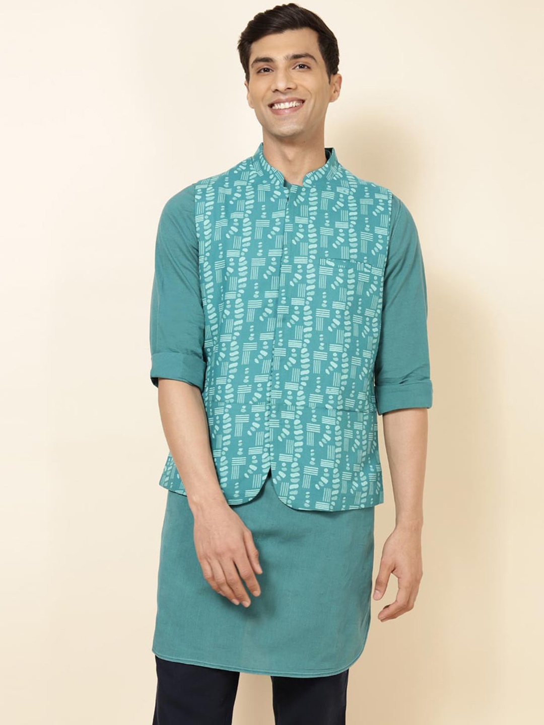 

Fabindia Printed Pure Cotton Nehru Jackets, Teal