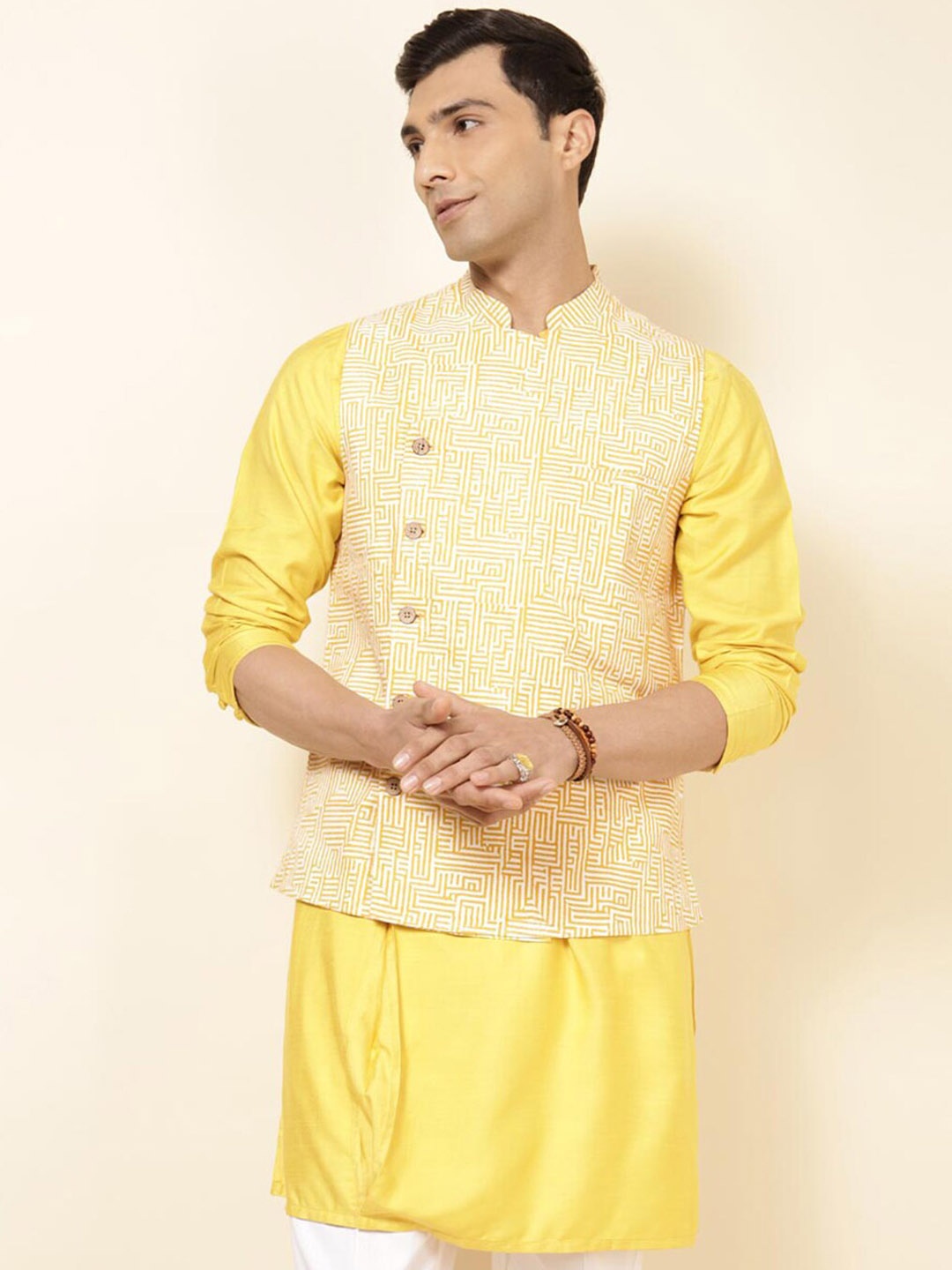 

Fabindia FabBasic Printed Slim Fit Cotton Nehru Jackets, Yellow
