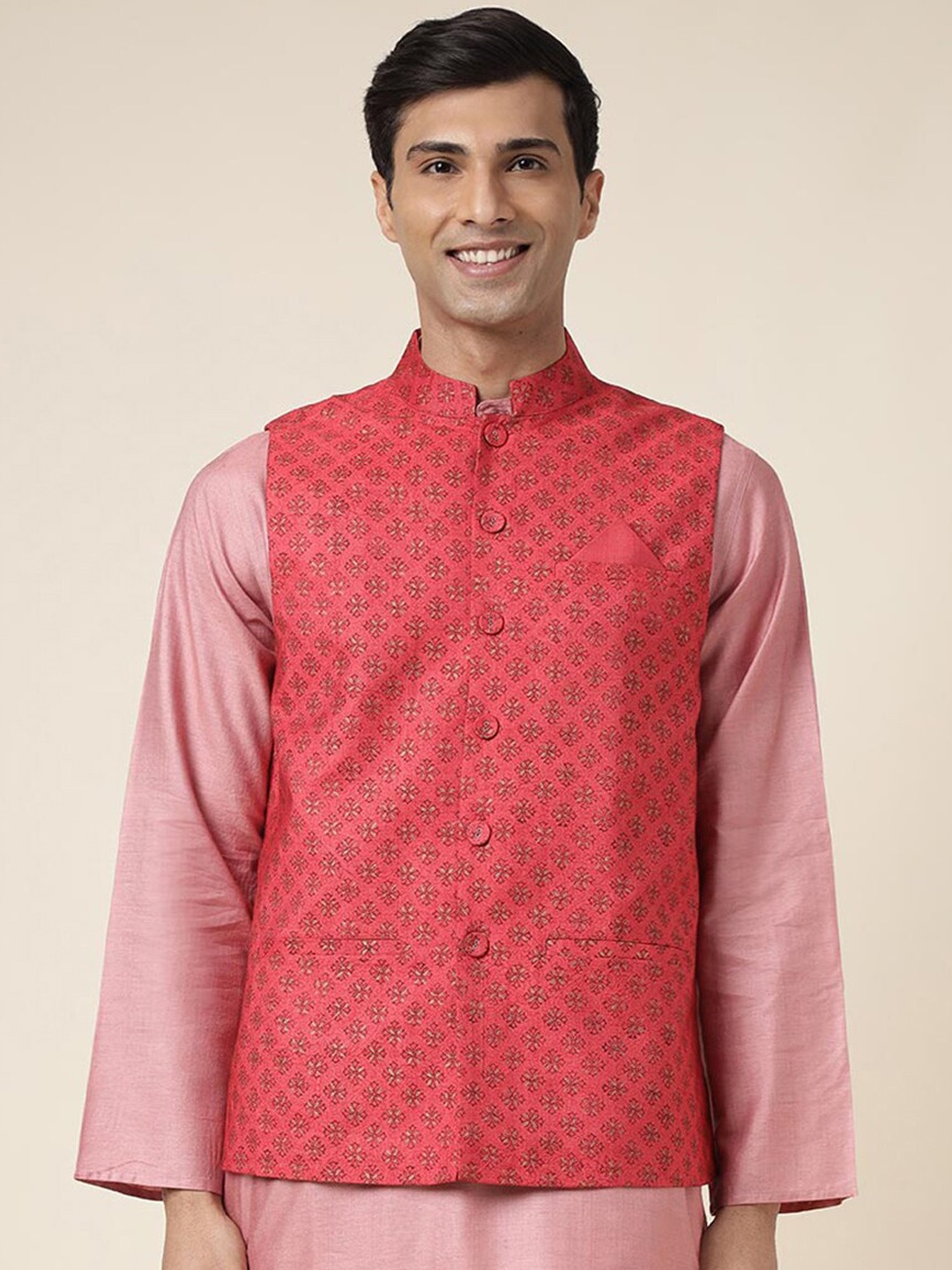 

Fabindia Men Printed Nehru Jacket, Red