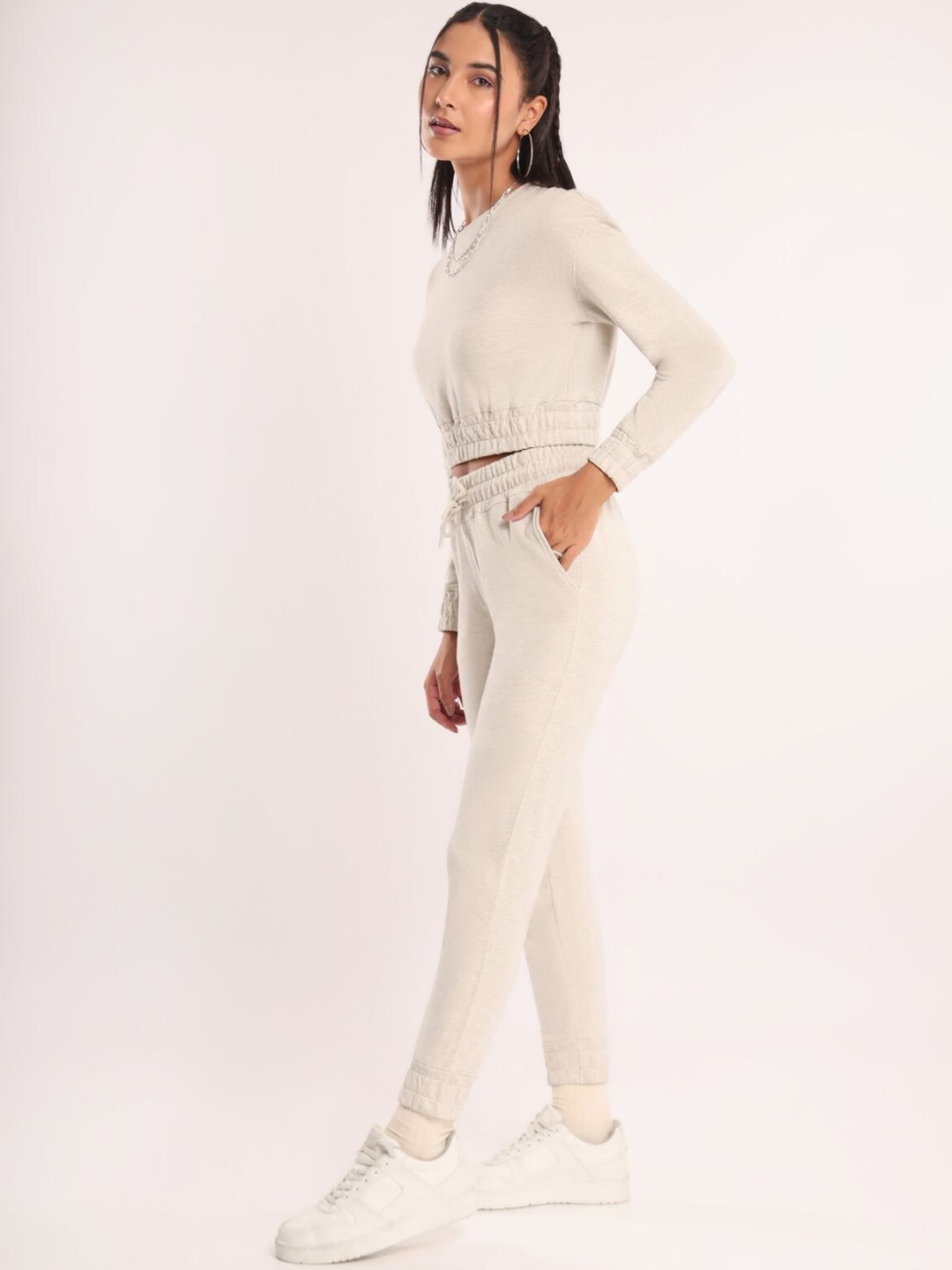 

NOBERO Crop T-shirt With Joggers Co-Ords Set, Off white