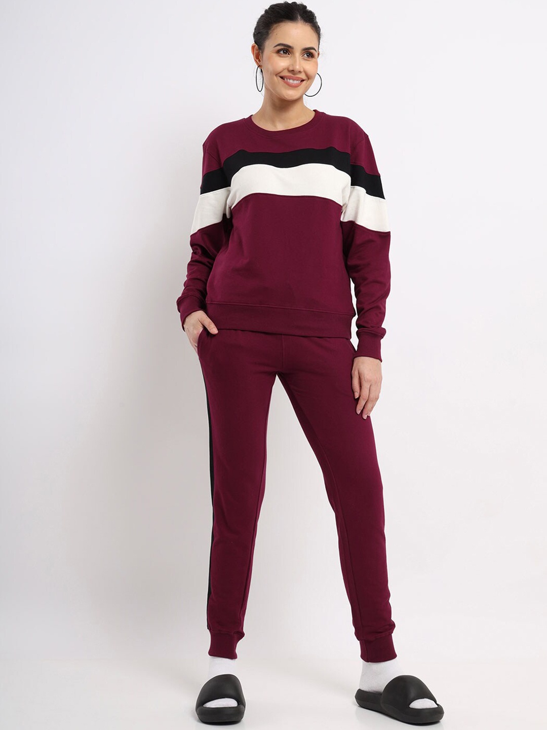 

NOBERO Striped Sweatshirt With Joggers Co-Ords Set, Maroon
