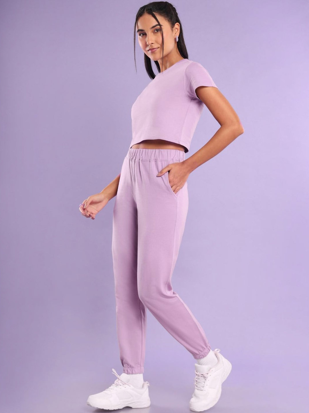 

NOBERO Crop T-shirt With Joggers Co-Ords Set, Lavender