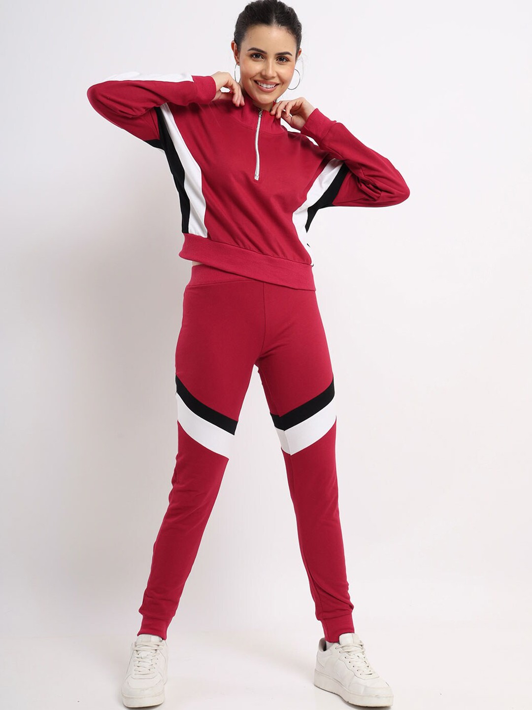 

NOBERO Women Striped Cotton T-shirt With Trousers Tracksuits, Maroon