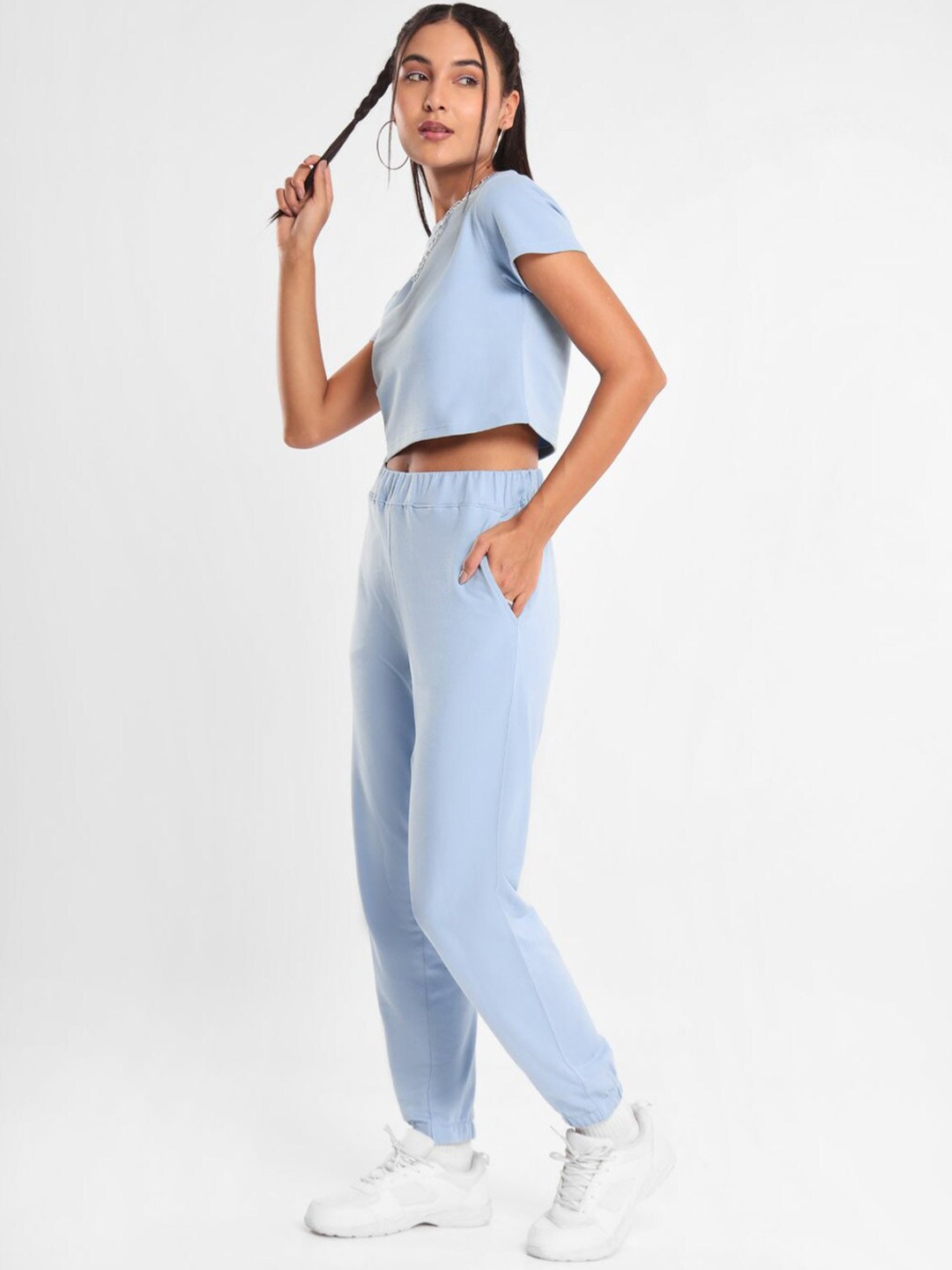 

NOBERO Crop T-shirt With Joggers Co-Ords Set, Blue
