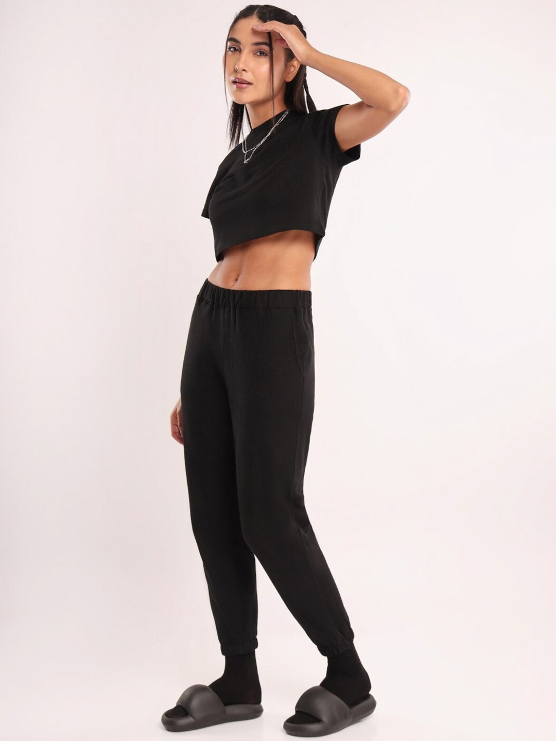 

NOBERO Crop T-shirt With Joggers Co-Ords Set, Black