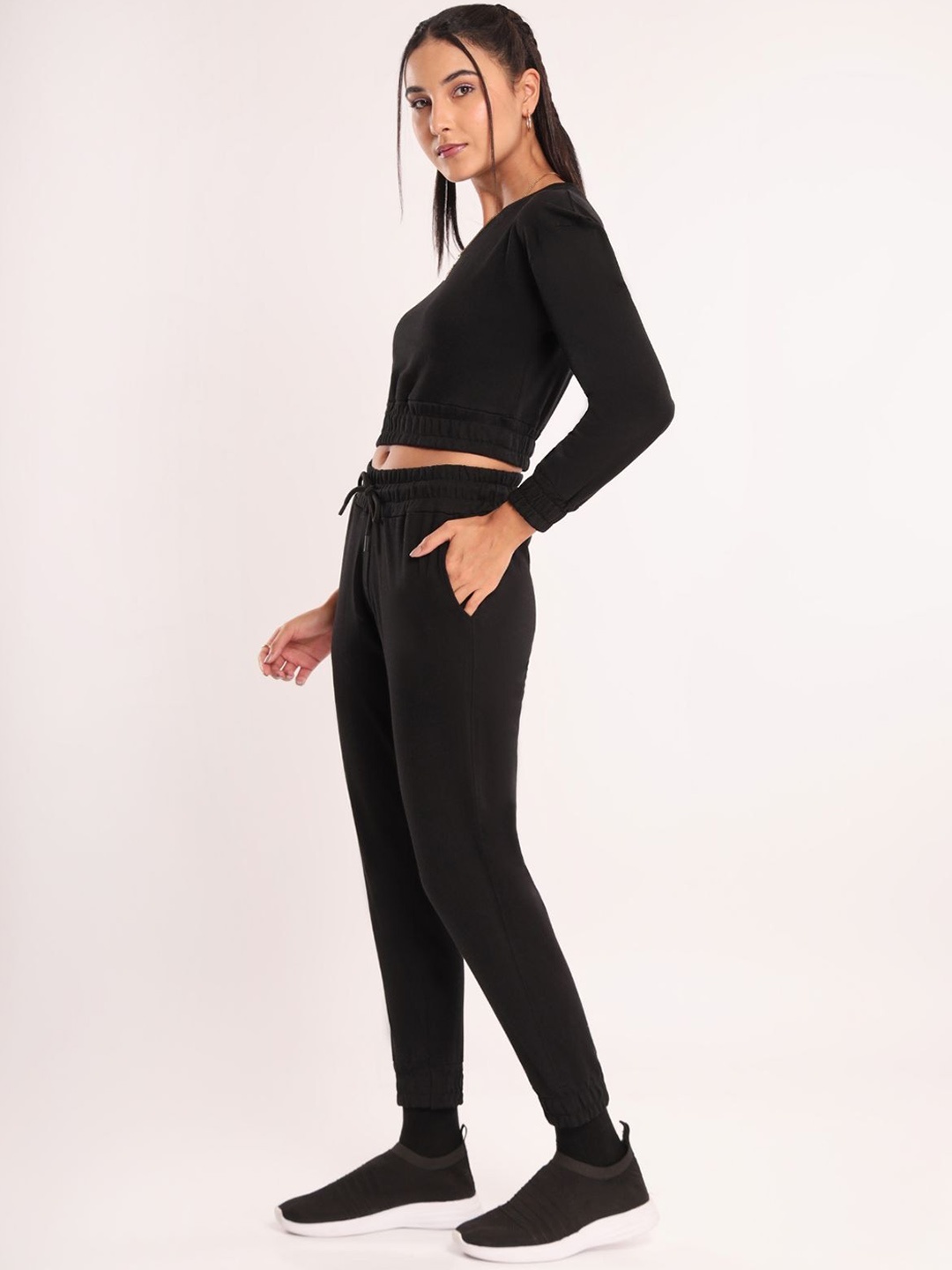 

NOBERO Crop T-shirt With Joggers Co-Ords Set, Black