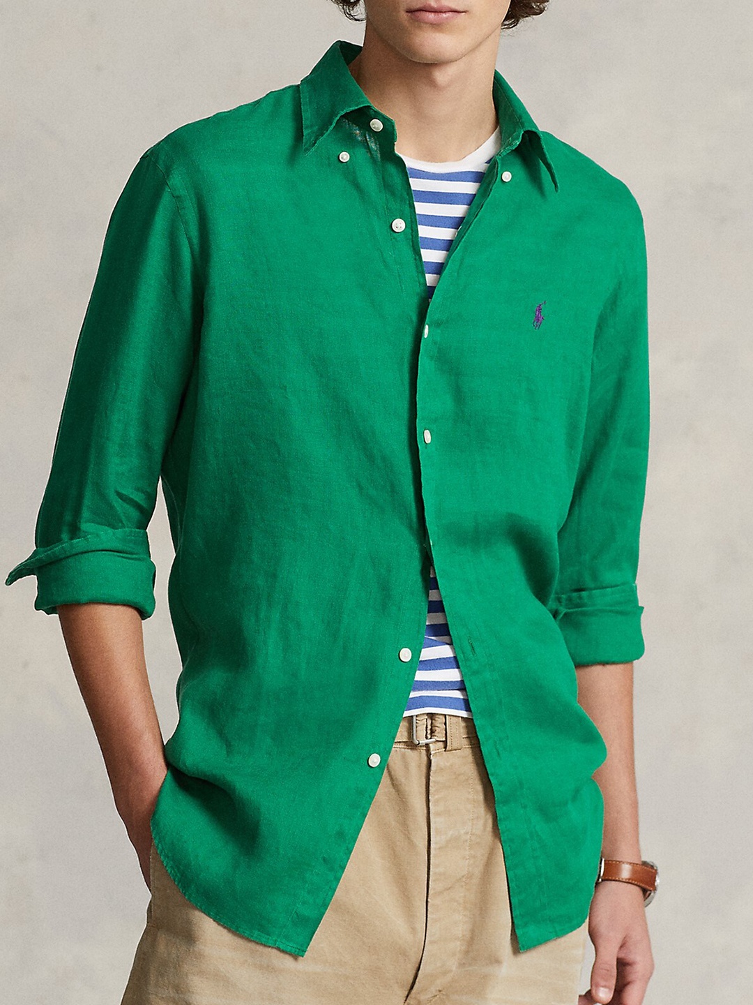 

Polo Ralph Lauren Brand Logo Embroidered Slim-Fit Linen Shirt, Green
