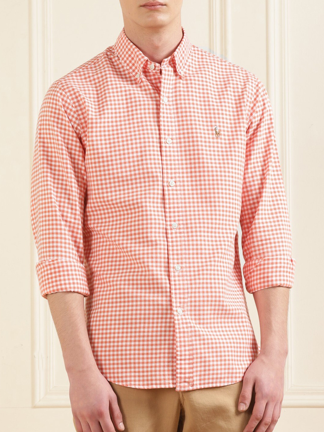 

Polo Ralph Lauren Chequered Button-Down Collar Logo Printed Cotton Shirt, Peach