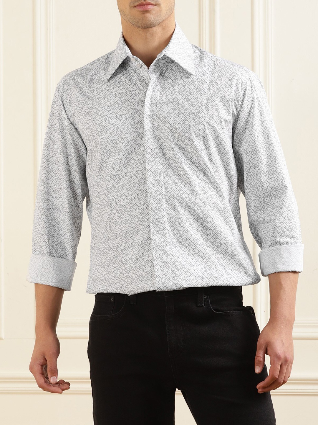 

Karl Lagerfeld Opaque Geometric Printed Formal Cotton Shirt, White