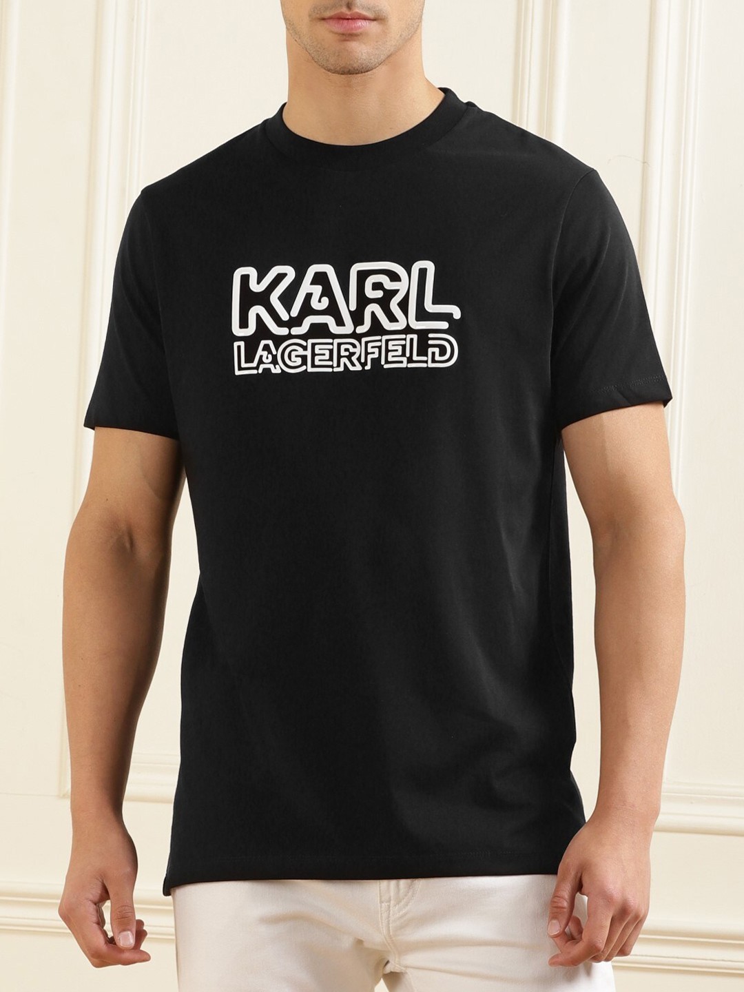 

Karl Lagerfeld Typography Printed Round Neck Cotton T-shirt, Black