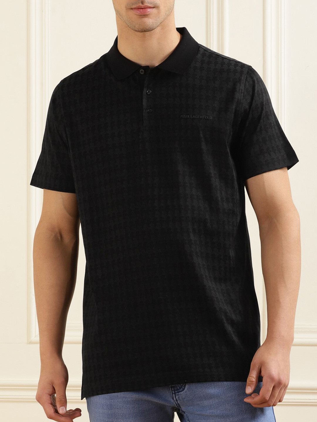 

Karl Lagerfeld Conversational Printed Polo Collar Cotton T-shirt, Black