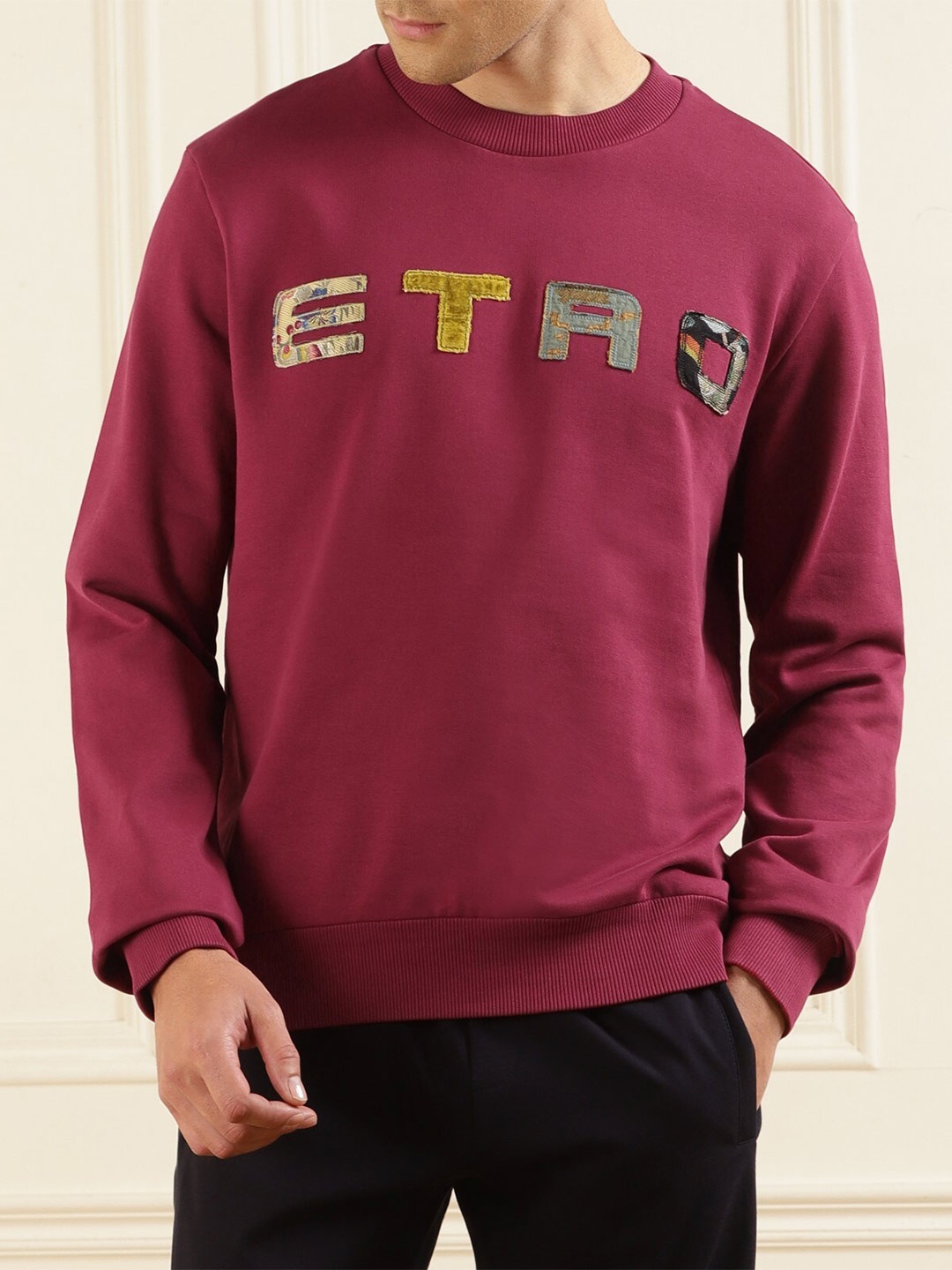 

ETRO Typography Applique Cotton Pullover Sweatshirt, Maroon