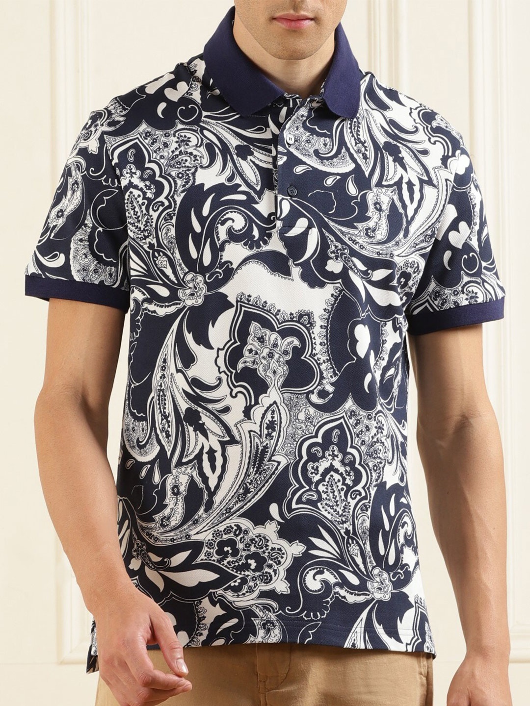 

ETRO Ethnic Printed Polo Collar Cotton T-shirt, Navy blue