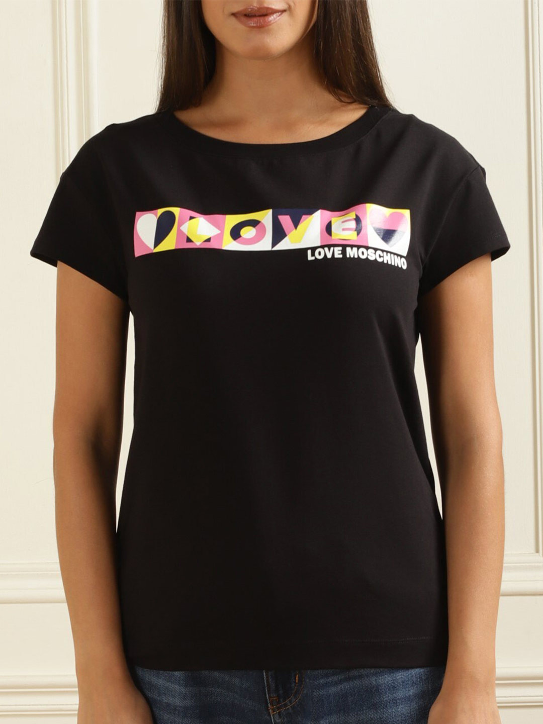 

LOVE MOSCHINO Typography Printed Drop-Shoulder Sleeves Cotton T-shirt, Black