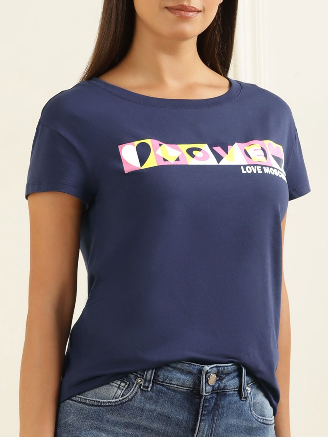 LOVE MOSCHINO Typography Printed Drop-Shoulder Sleeves Cotton T-shirt, Blue