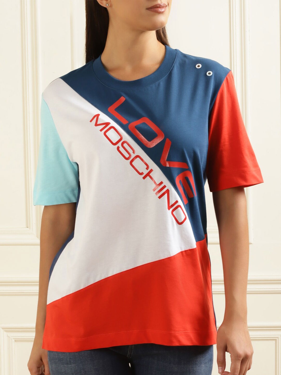 

LOVE MOSCHINO Colourblocked Cotton T-shirt, White